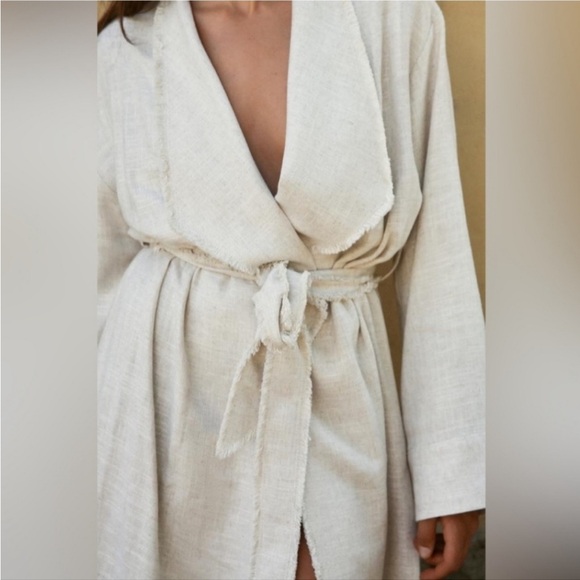 Zara Frayed Rustic Linen Blend Trench Coat NWT XS-S - Picture 6 of 6